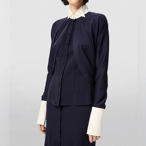 LOEWE Cape Sleeve Drape Front Button Down Blouse Navy Blue White Collar Top